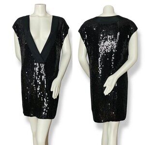 Velvet Dress Black Sequins Plunging Deep V-Neck Size Medium New Years Eve Party
